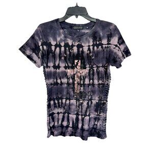 Affliction Lace Up Shirt Women’s Medium Black Cross Rose Floral Rhinestone Y2K